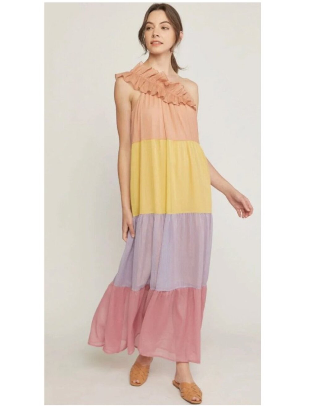 Entro Boutique Shimmer Colorblock One Shoulder Long Maxi Dress Women's Size L